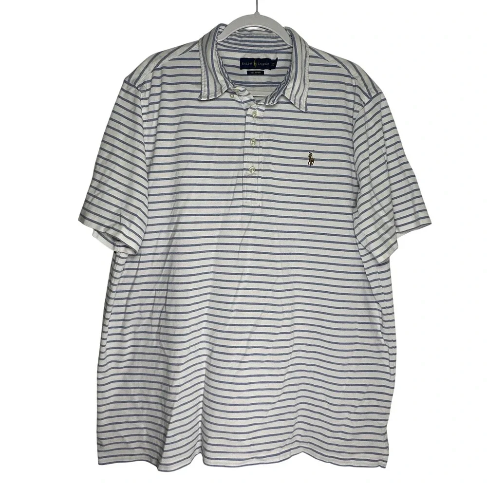 Ralph Lauren Knit Oxford Polo‎ Shirt Mens XXL Blue White Striped Short Sleeve